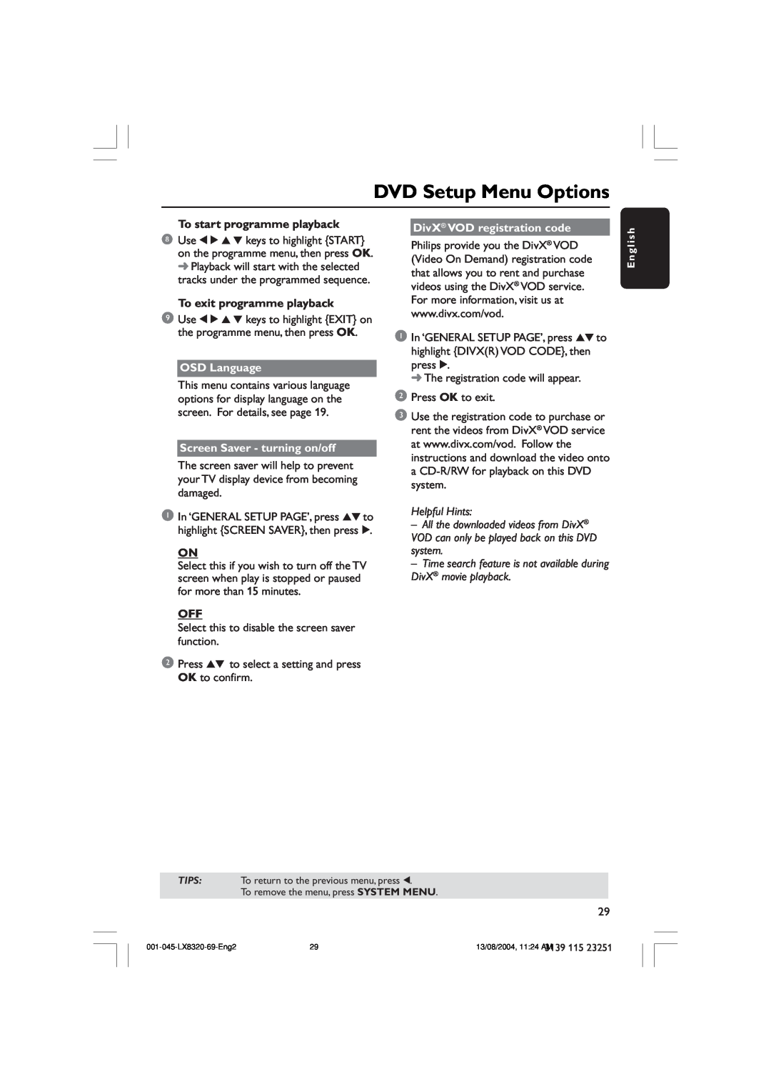 Philips LX8320 user manual DVD Setup Menu Options, To start programme playback, To exit programme playback, OSD Language 