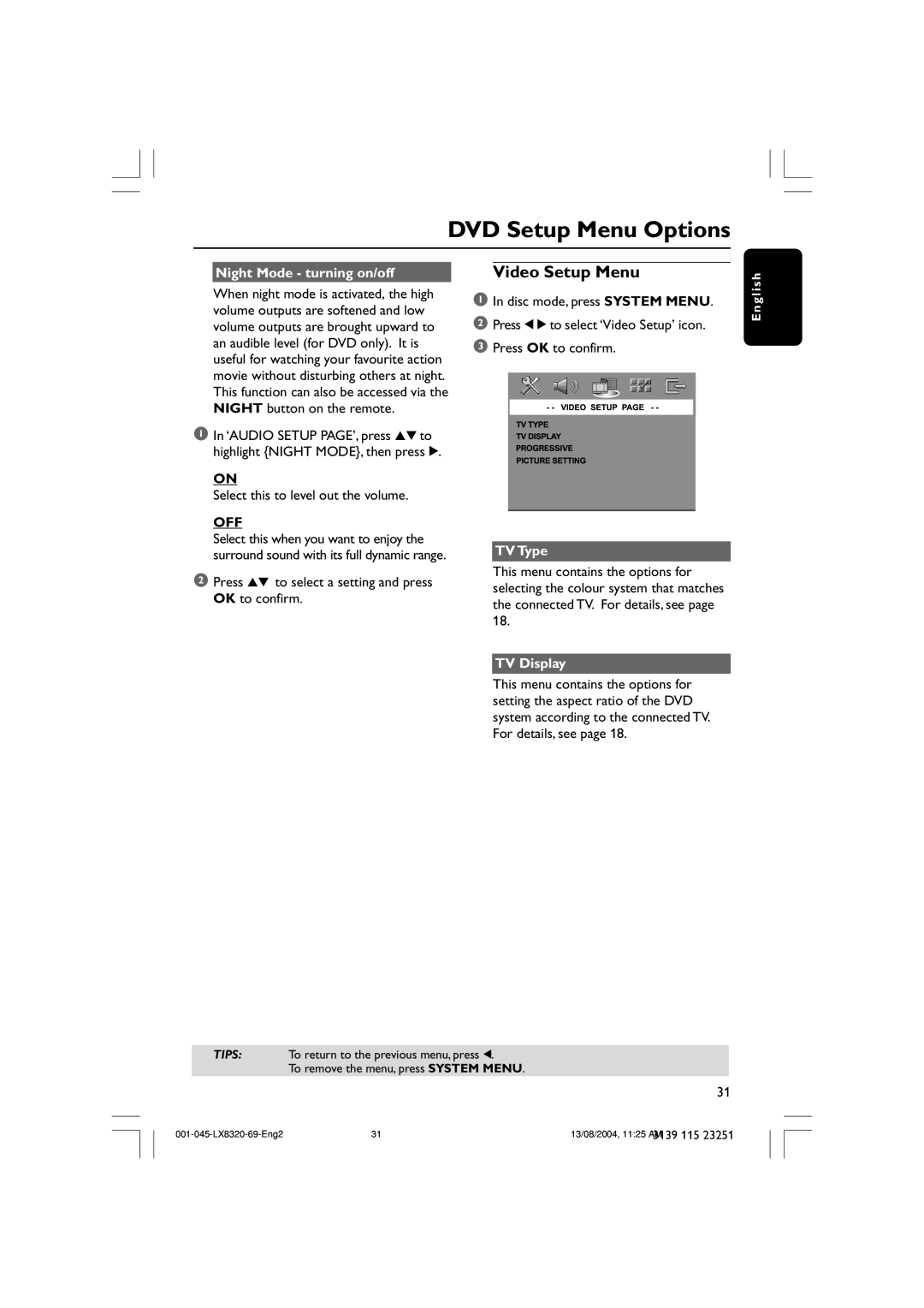 Philips LX8320 user manual Video Setup Menu, DVD Setup Menu Options, Night Mode - turning on/off, TV Type, TV Display 