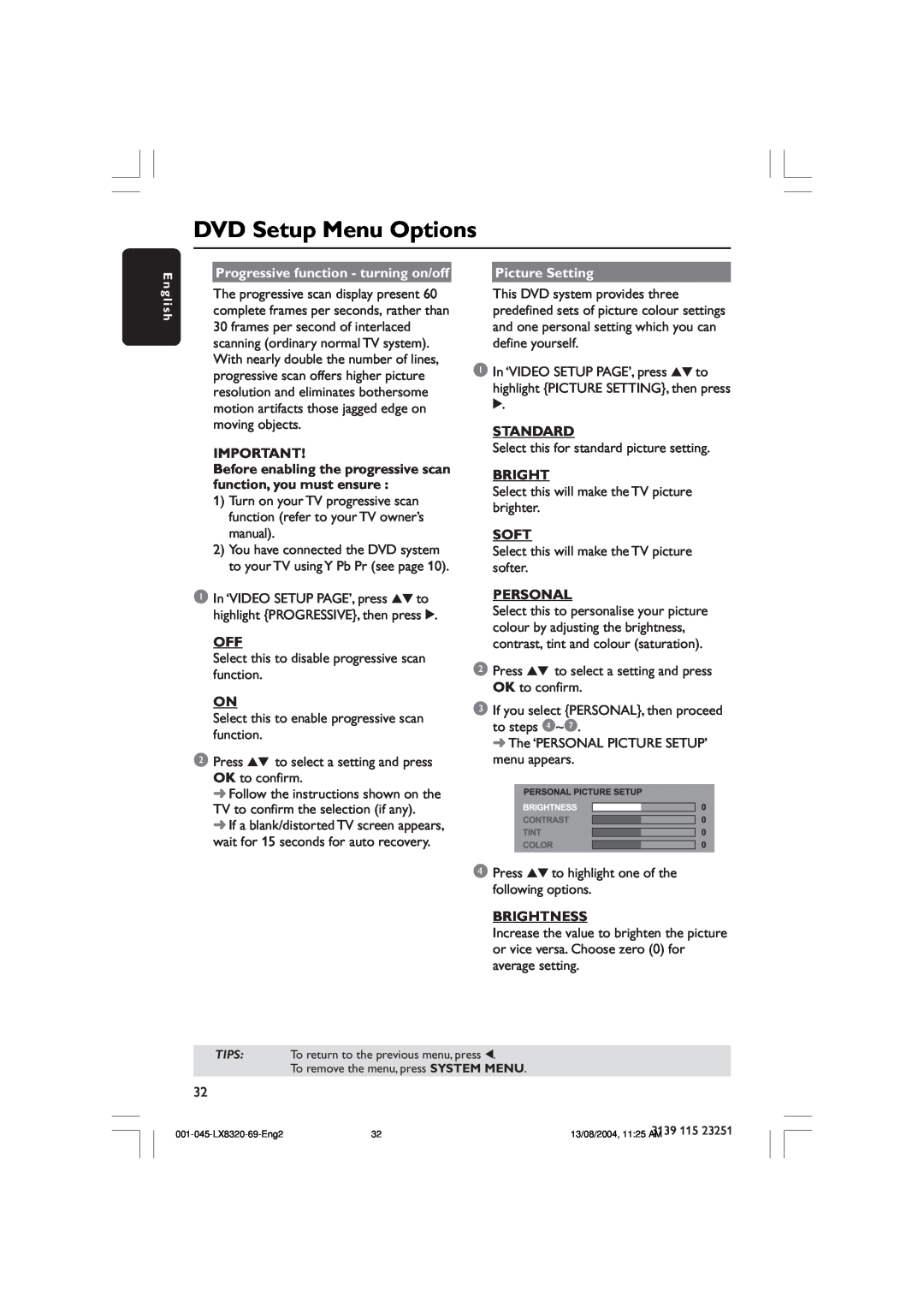 Philips LX8320 DVD Setup Menu Options, Progressive function - turning on/off, Picture Setting, Standard, Bright, Soft 