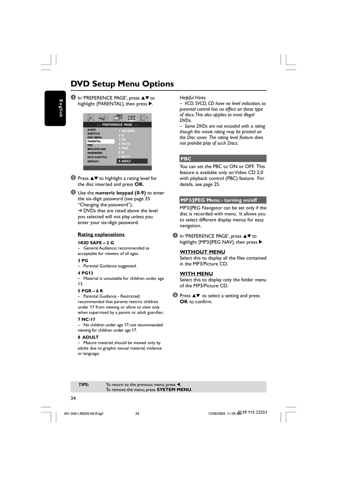 Philips LX8320 DVD Setup Menu Options, Rating explanations, Helpful Hints, MP3/JPEG Menu - turning on/off, Without Menu 