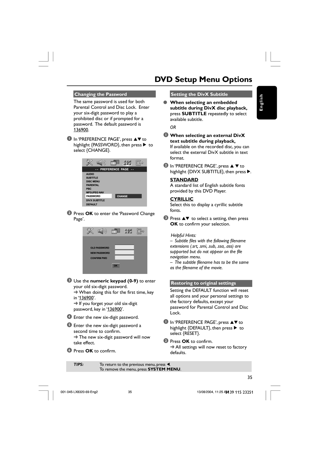 Philips LX8320 DVD Setup Menu Options, Changing the Password, Setting the DivX Subtitle, Standard, Cyrillic, Helpful Hints 