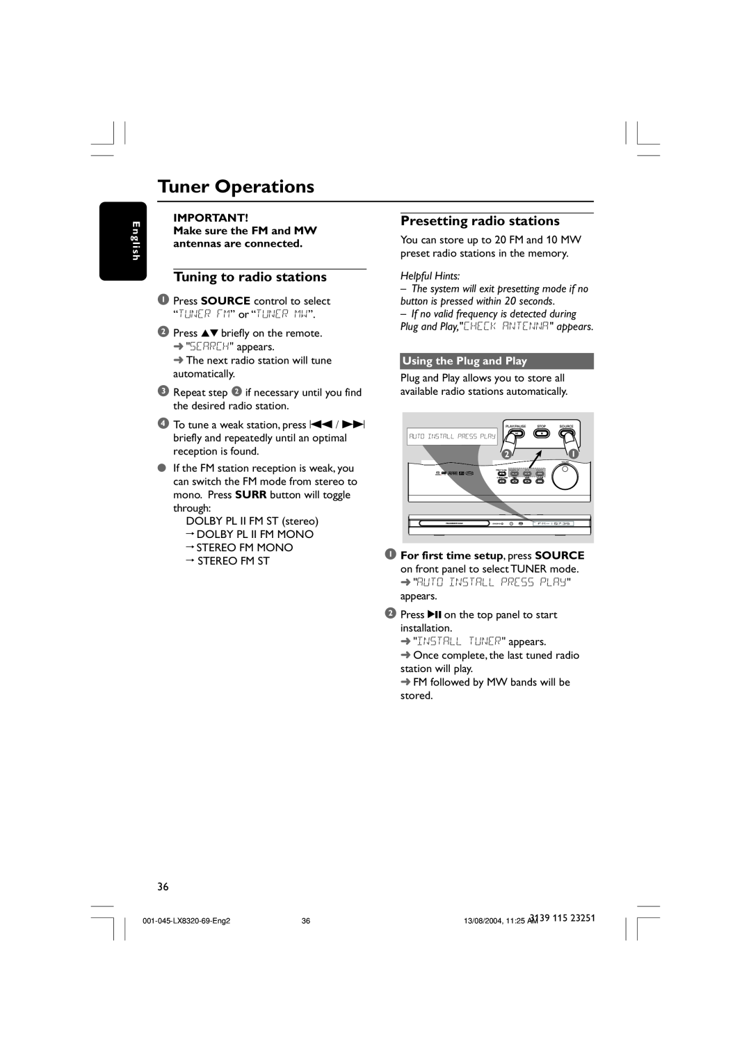 Philips LX8320 user manual Tuner Operations, Tuning to radio stations, Presetting radio stations, Helpful Hints 