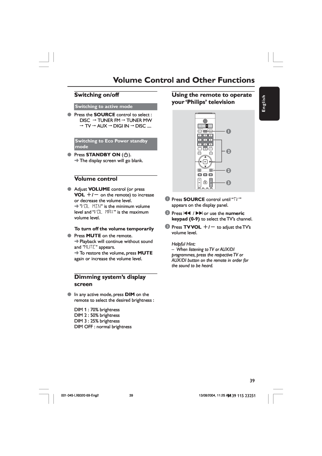 Philips LX8320 user manual Volume Control and Other Functions, Switching on/off, your ‘Philips’ television, Volume control 