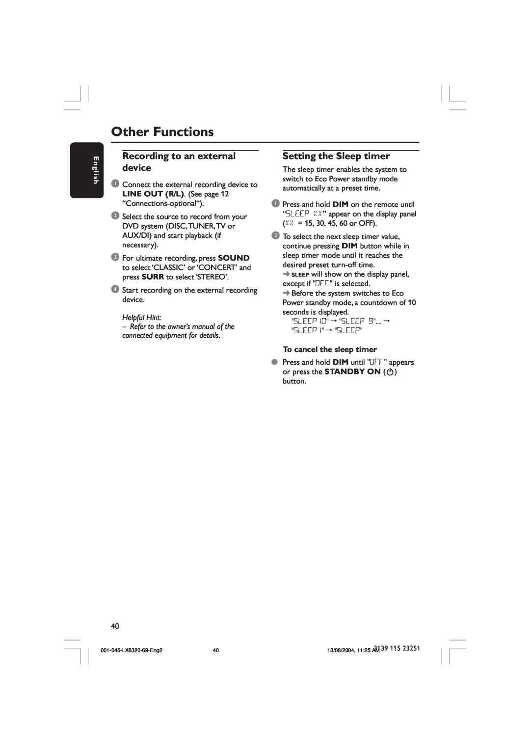 Philips LX8320 user manual Other Functions, Recording to an external device, Setting the Sleep timer, Helpful Hint 