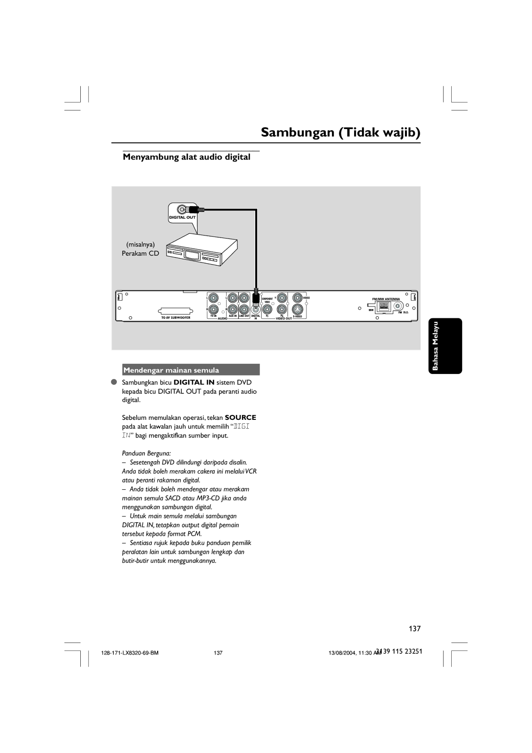 Philips LX8320SA user manual Menyambung alat audio digital, Mendengar mainan semula 