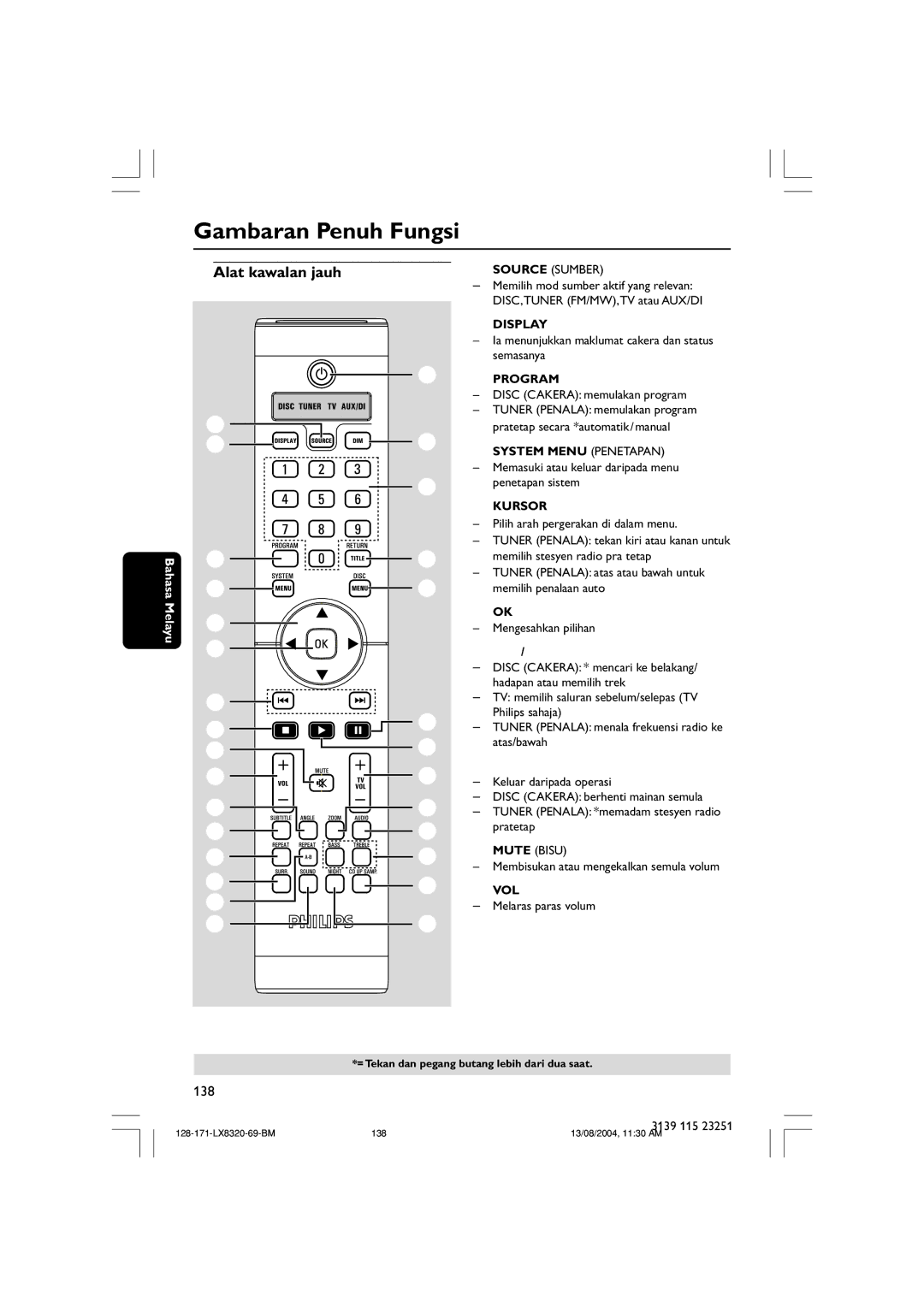 Philips LX8320SA user manual Gambaran Penuh Fungsi, Alat kawalan jauh 