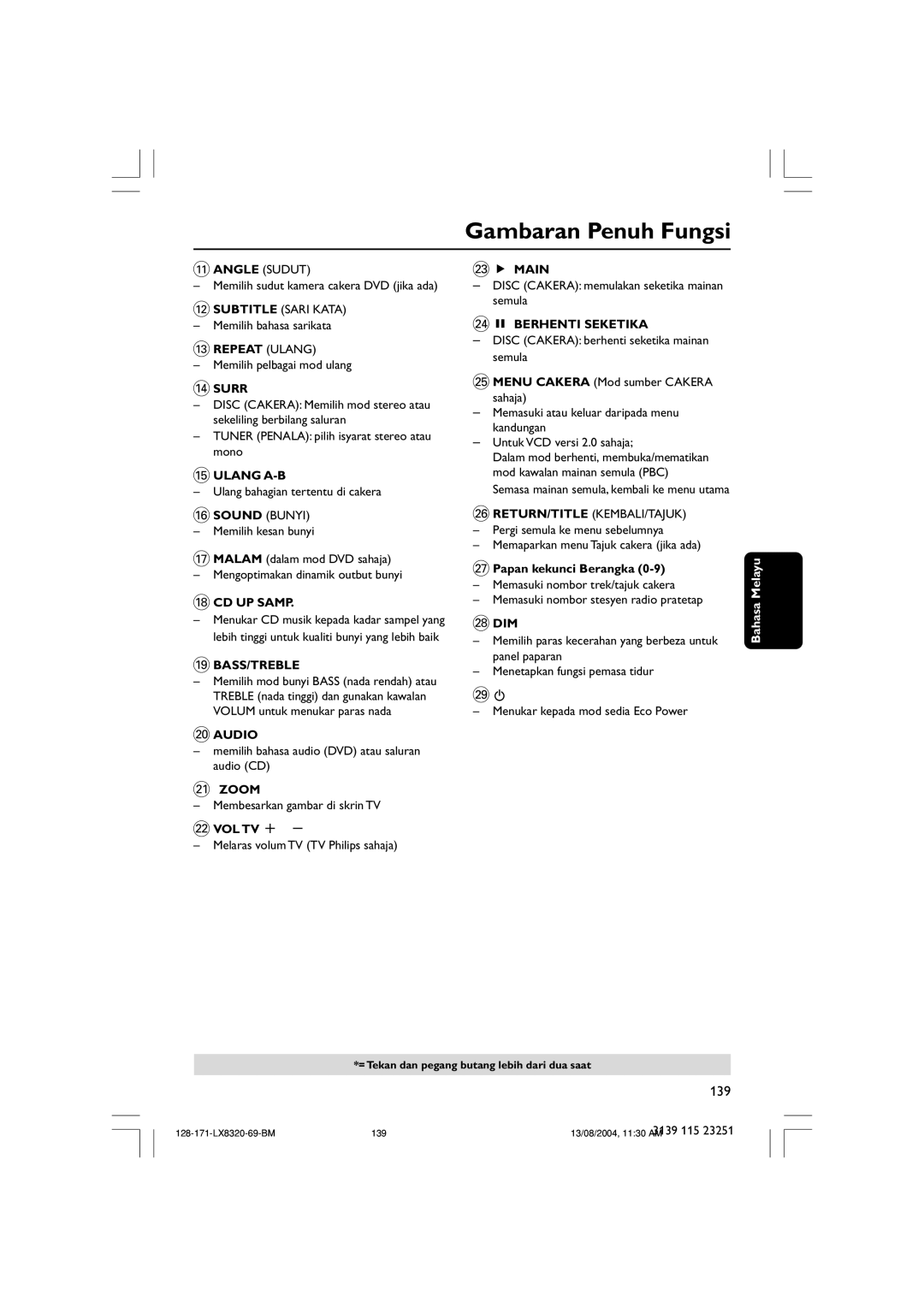 Philips LX8320SA user manual # Repeat Ulang, $ Surr, Ulang A-B, CD UP Samp, Bass/Treble, Audio, ¡ Zoom, £ É Main, Dim 