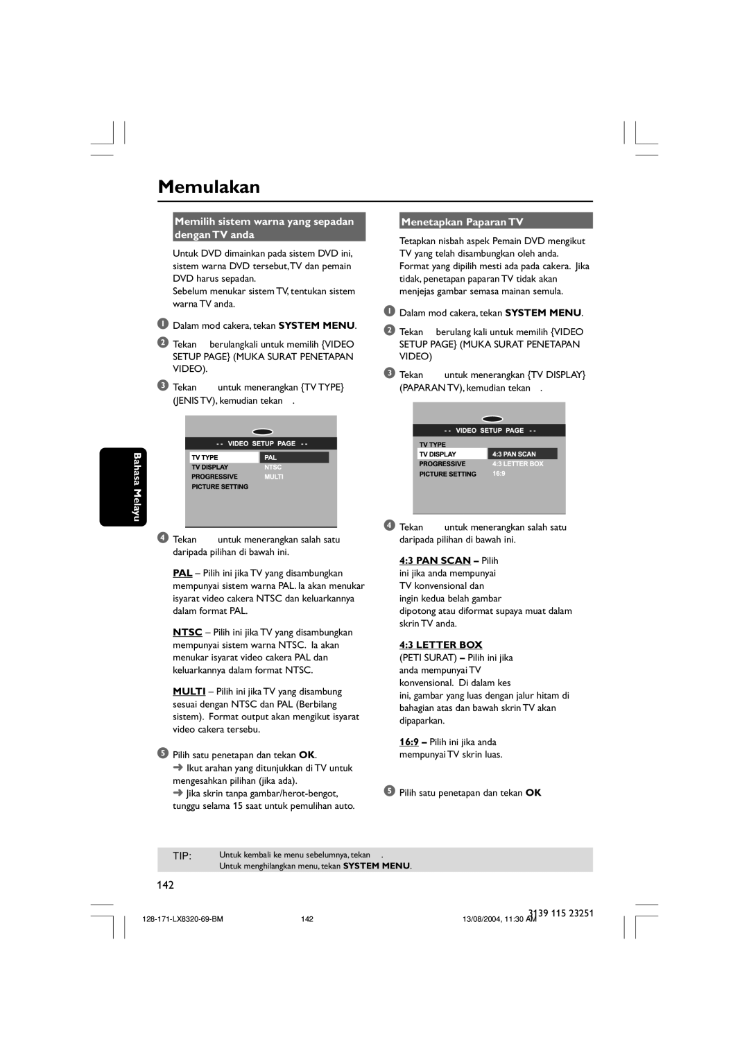 Philips LX8320SA user manual Menetapkan Paparan TV, Letter BOX 