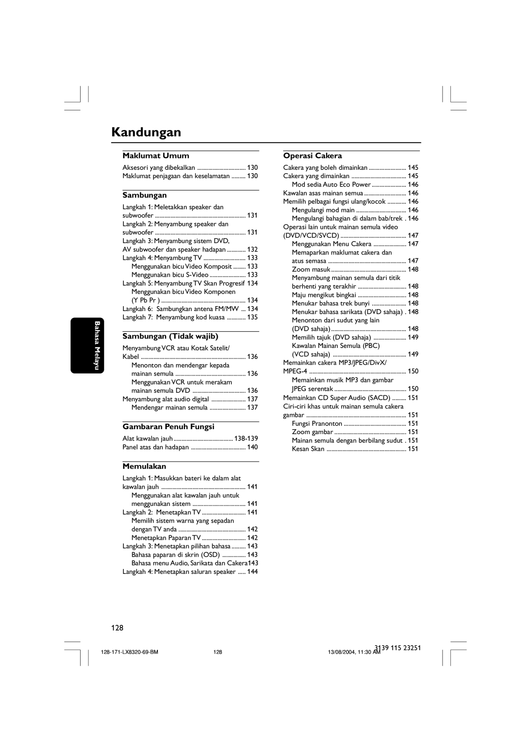 Philips LX8320SA user manual Kandungan, Bahasa Melayu 