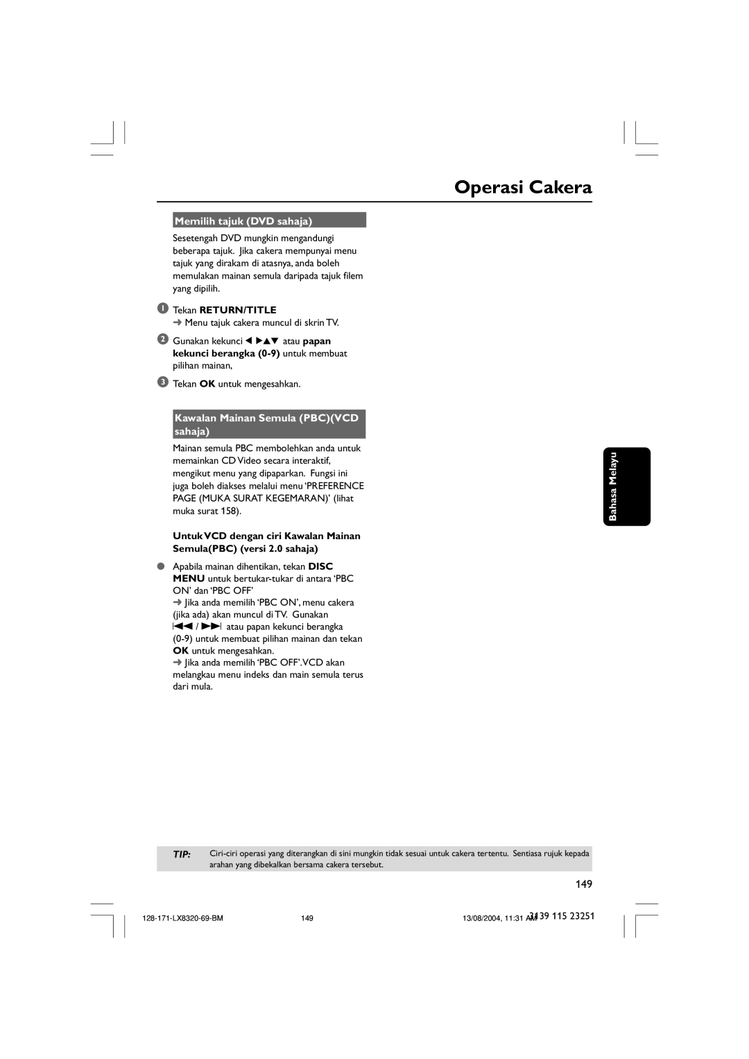 Philips LX8320SA user manual Memilih tajuk DVD sahaja, Tekan RETURN/TITLE, Kawalan Mainan Semula Pbcvcd sahaja 