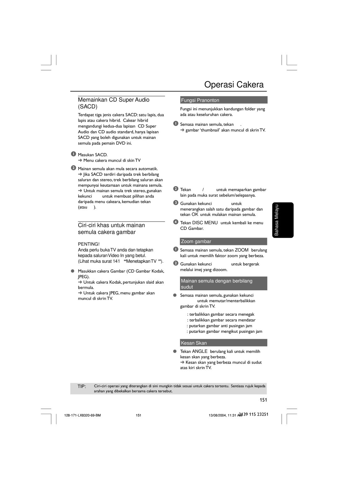 Philips LX8320SA user manual Memainkan CD Super Audio Sacd, Ciri-ciri khas untuk mainan semula cakera gambar 