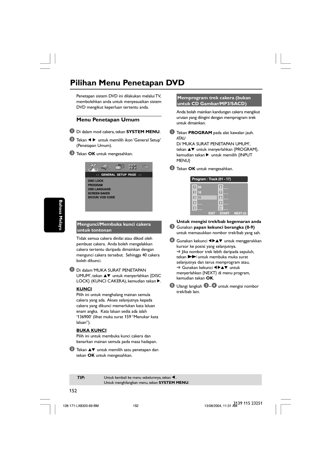 Philips LX8320SA Pilihan Menu Penetapan DVD, Menu Penetapan Umum, Melayu Mengunci/Membuka kunci cakera untuk tontonan 