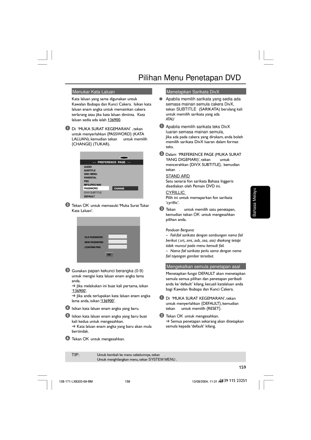 Philips LX8320SA Menukar Kata Laluan, Menetapkan Sarikata DivX, Standard, Cyrillic, Mengekalkan semula penetapan asal 