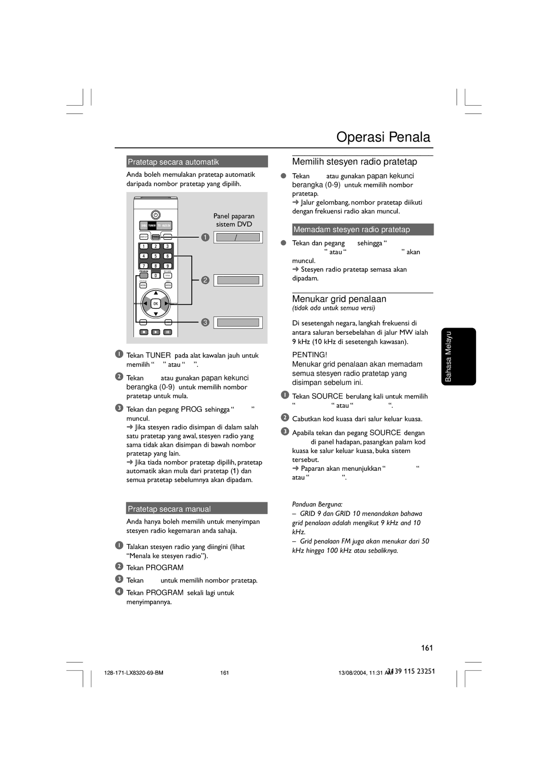 Philips LX8320SA Memilih stesyen radio pratetap, Menukar grid penalaan, Pratetap secara automatik, Pratetap secara manual 