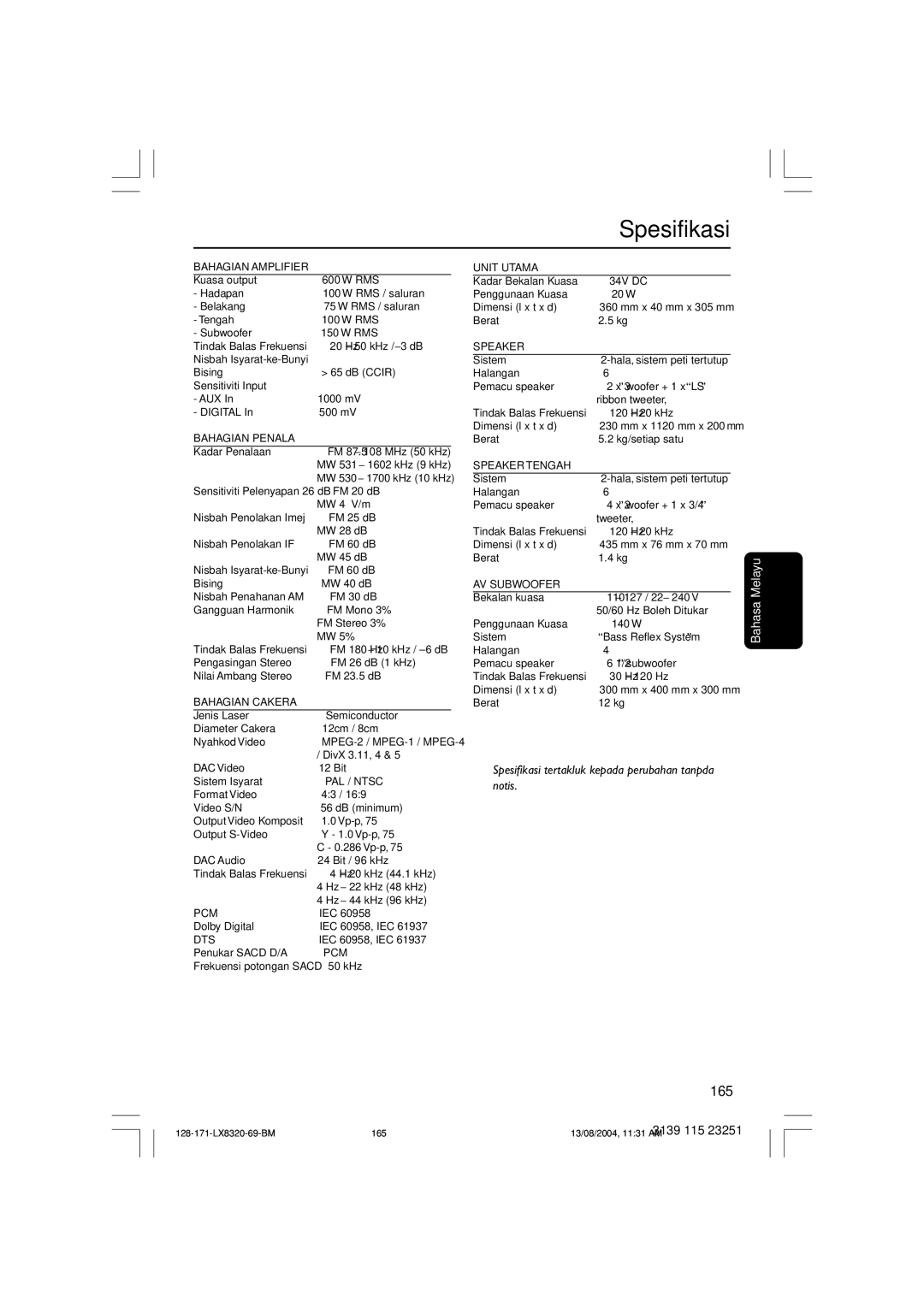 Philips LX8320SA user manual Spesifikasi, Bahagian Amplifier 