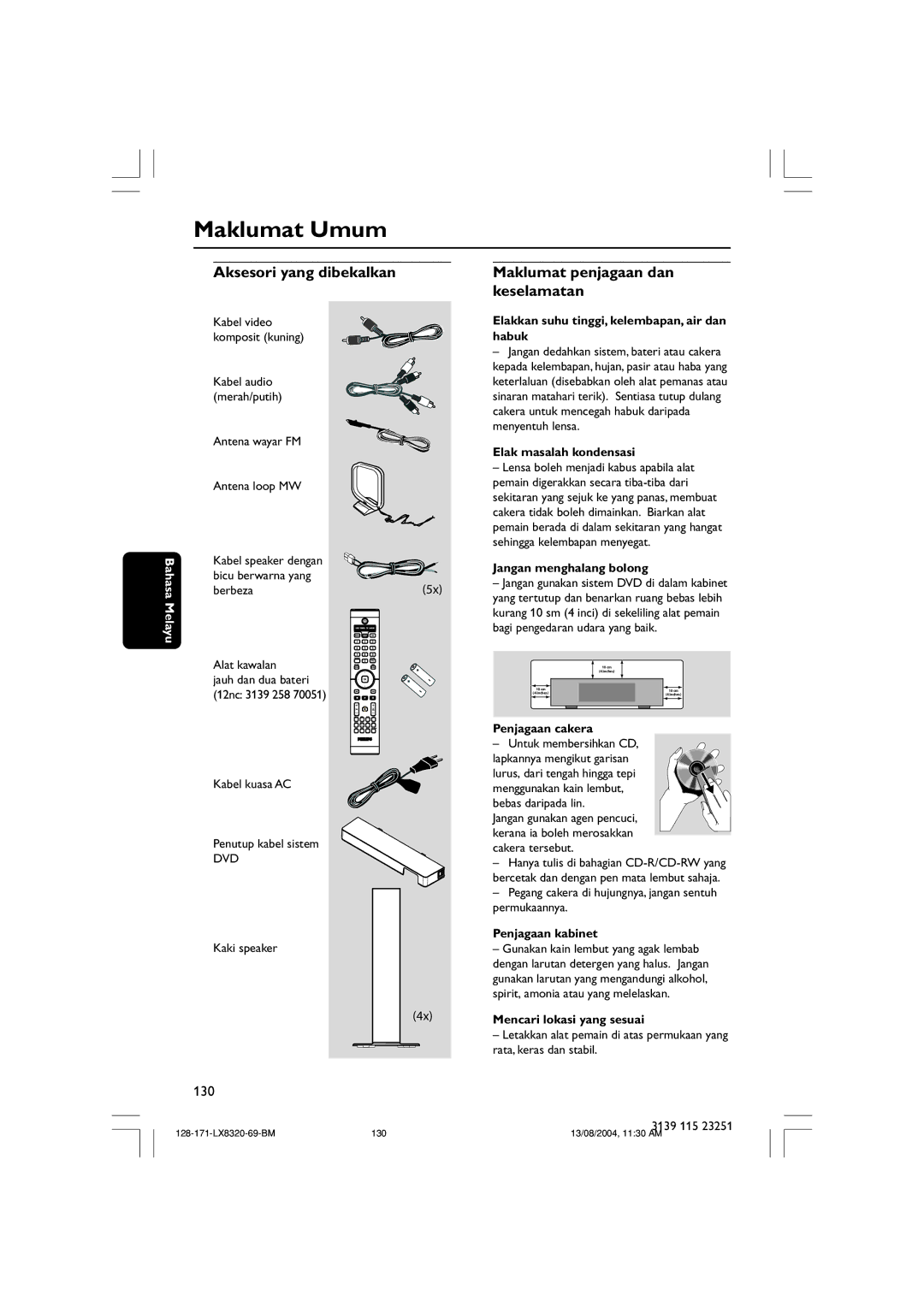 Philips LX8320SA user manual Maklumat Umum, Aksesori yang dibekalkan, Maklumat penjagaan dan keselamatan 