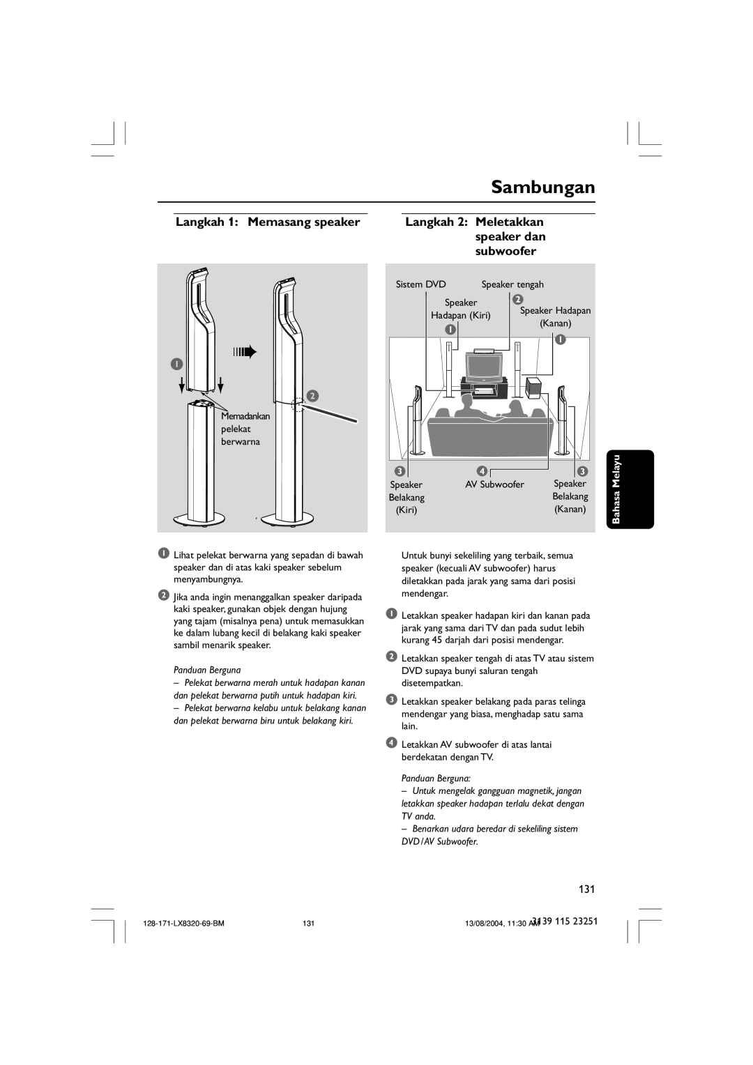 Philips LX8320SA user manual Sambungan, Melayu 