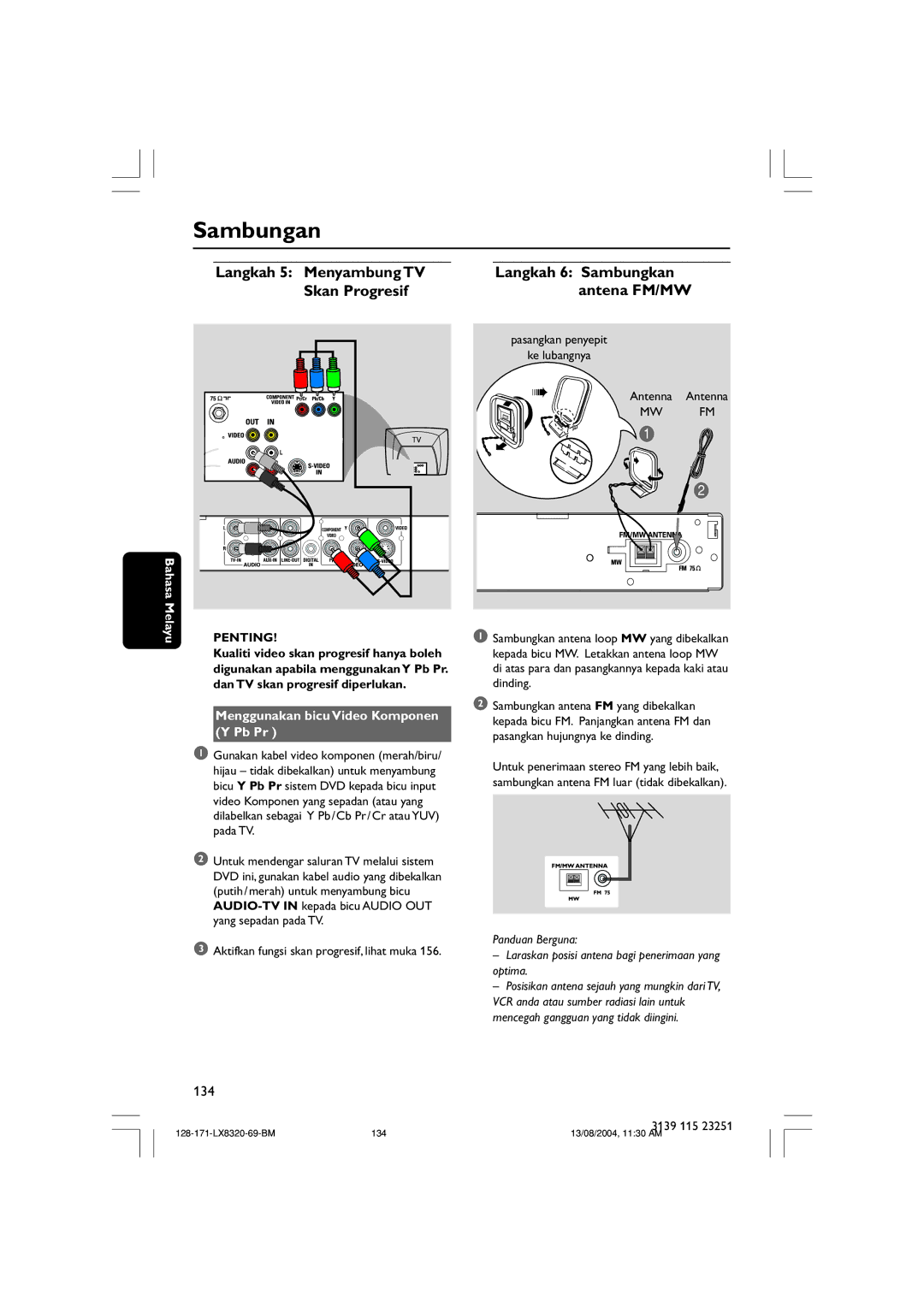 Philips LX8320SA user manual Menggunakan bicu Video Komponen Y Pb Pr 