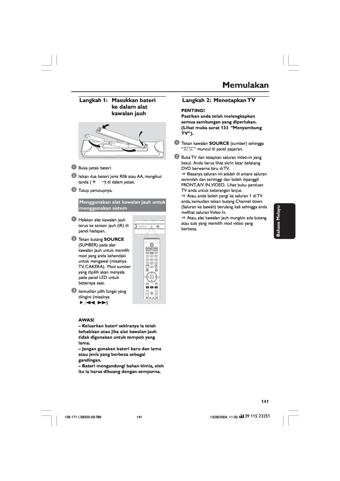 Philips LX8320SA user manual Memulakan, Langkah 2 Menetapkan TV, Awas, Penting, Bahasa Melayu 