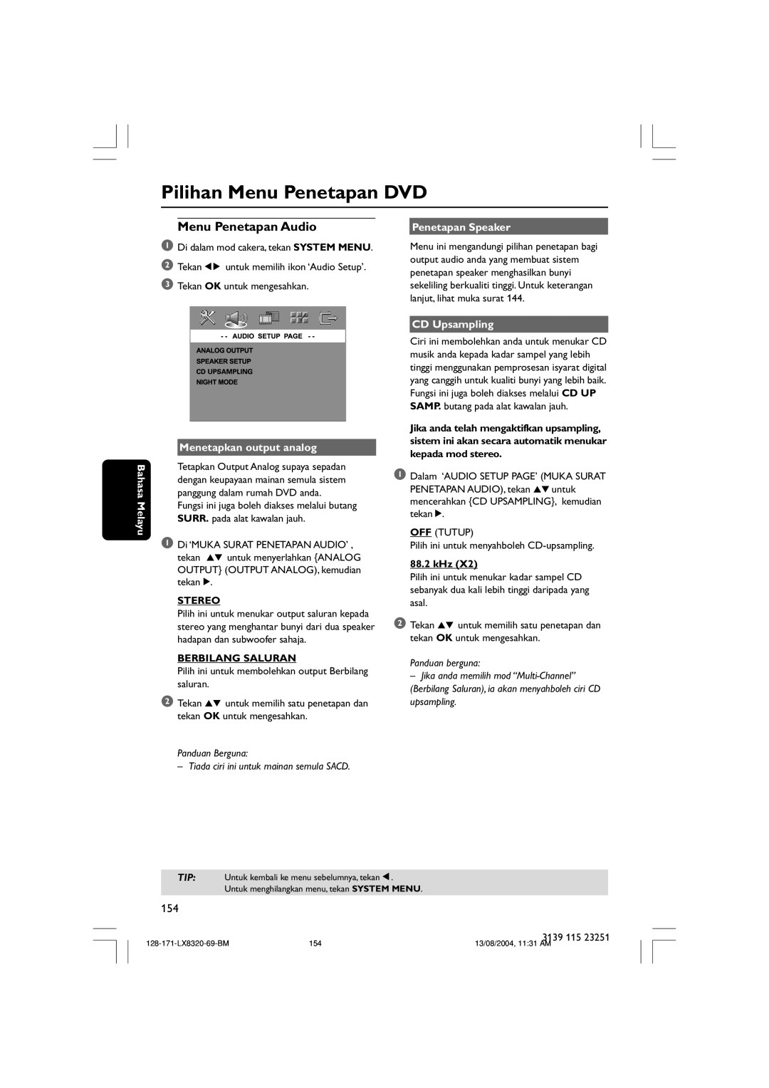 Philips LX8320SA Pilihan Menu Penetapan DVD, Penetapan Speaker, Bahasa Melayu, Menetapkan output analog, Stereo, 88.2 kHz 