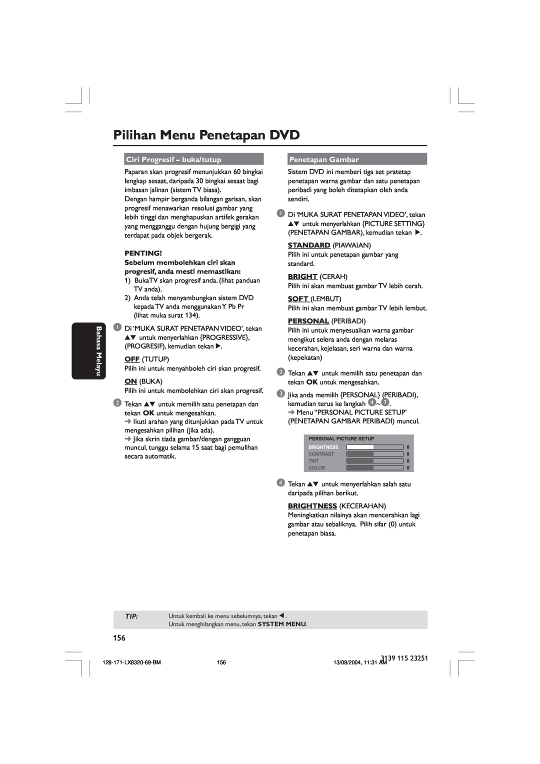 Philips LX8320SA Pilihan Menu Penetapan DVD, Bahasa Melayu, Ciri Progresif - buka/tutup, Penting, Penetapan Gambar 