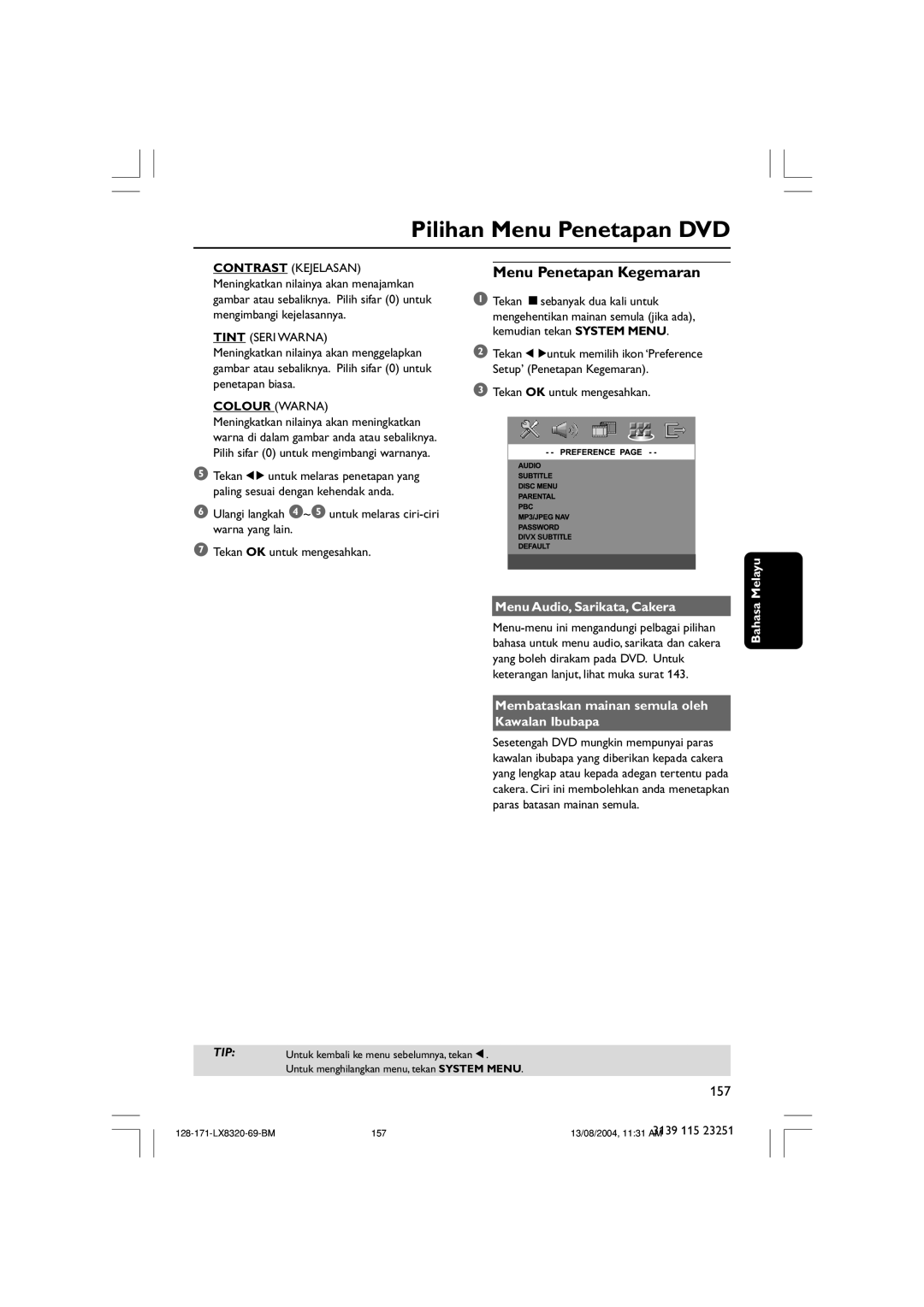 Philips LX8320SA Pilihan Menu Penetapan DVD, Menu Penetapan Kegemaran, Menu Audio, Sarikata, Cakera, Bahasa Melayu 