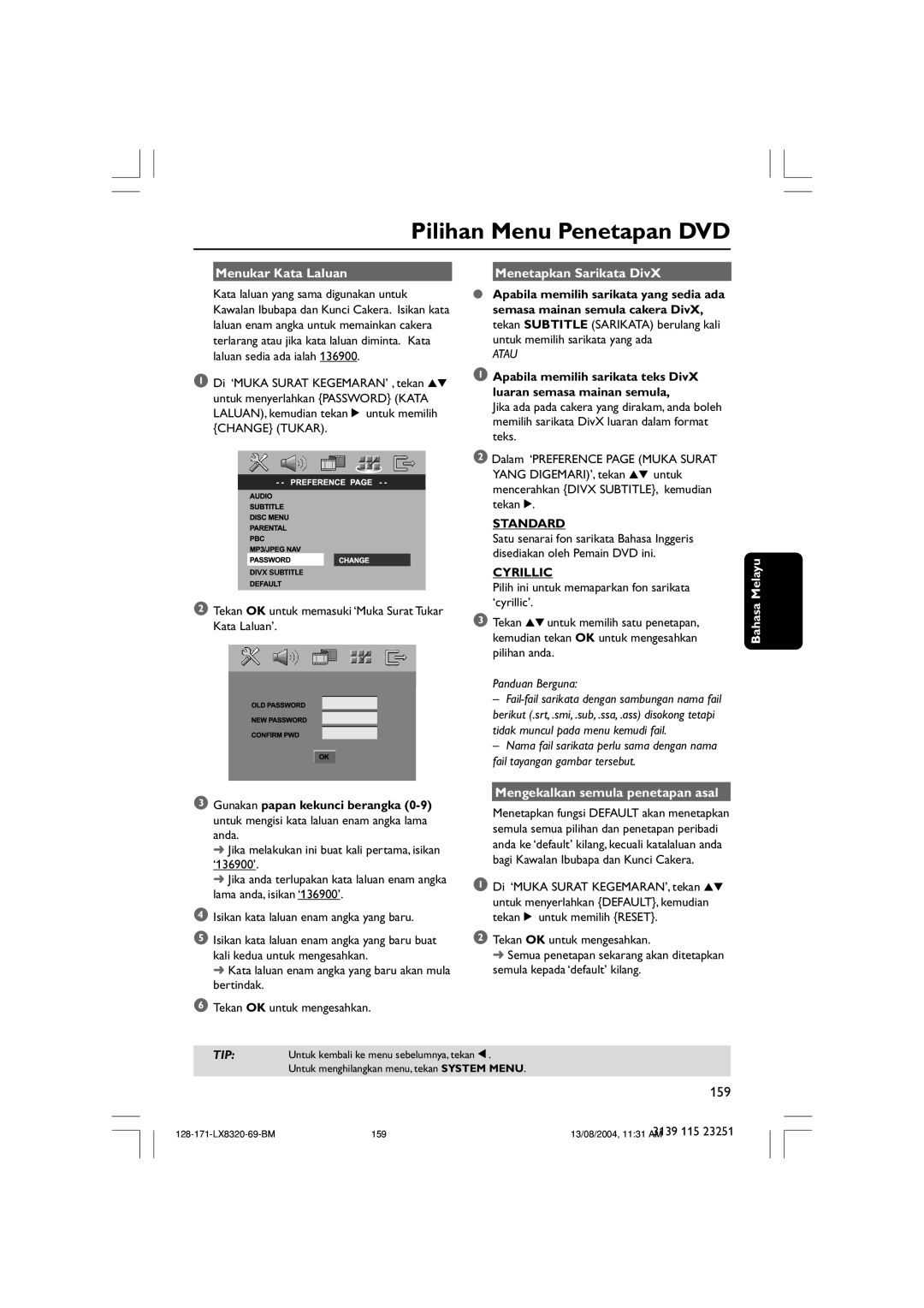 Philips LX8320SA Pilihan Menu Penetapan DVD, Menukar Kata Laluan, Menetapkan Sarikata DivX, Atau, Standard, Cyrillic 