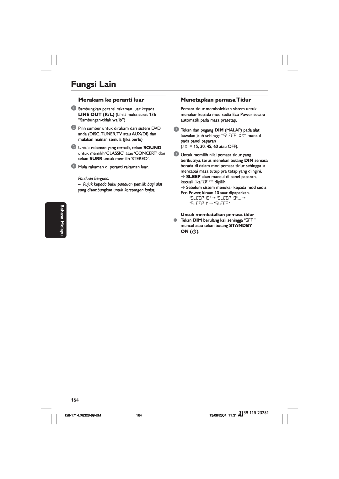 Philips LX8320SA user manual Fungsi Lain, Bahasa, Panduan Berguna, Untuk membatalkan pemasa tidur, Melayu 