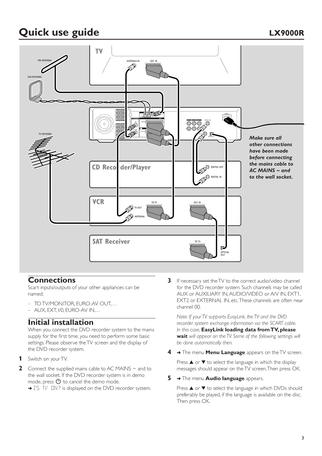 Philips LX9000R/25S user manual Connections, Initial installation 