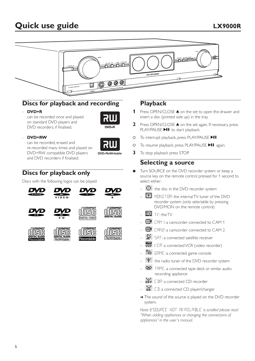 Philips LX9000R/25S user manual Discs for playback and recording, Discs for playback only, Playback, Selecting a source 