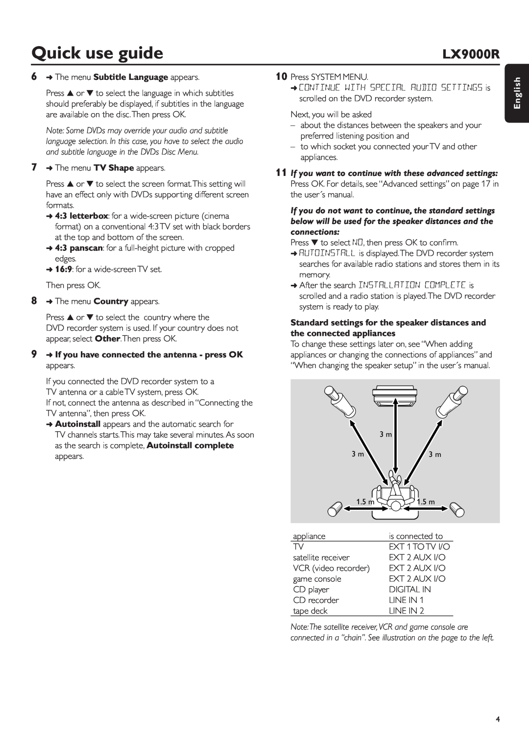 Philips LX9000R/25S user manual Quick use guide, The menu Subtitle Language appears, English 