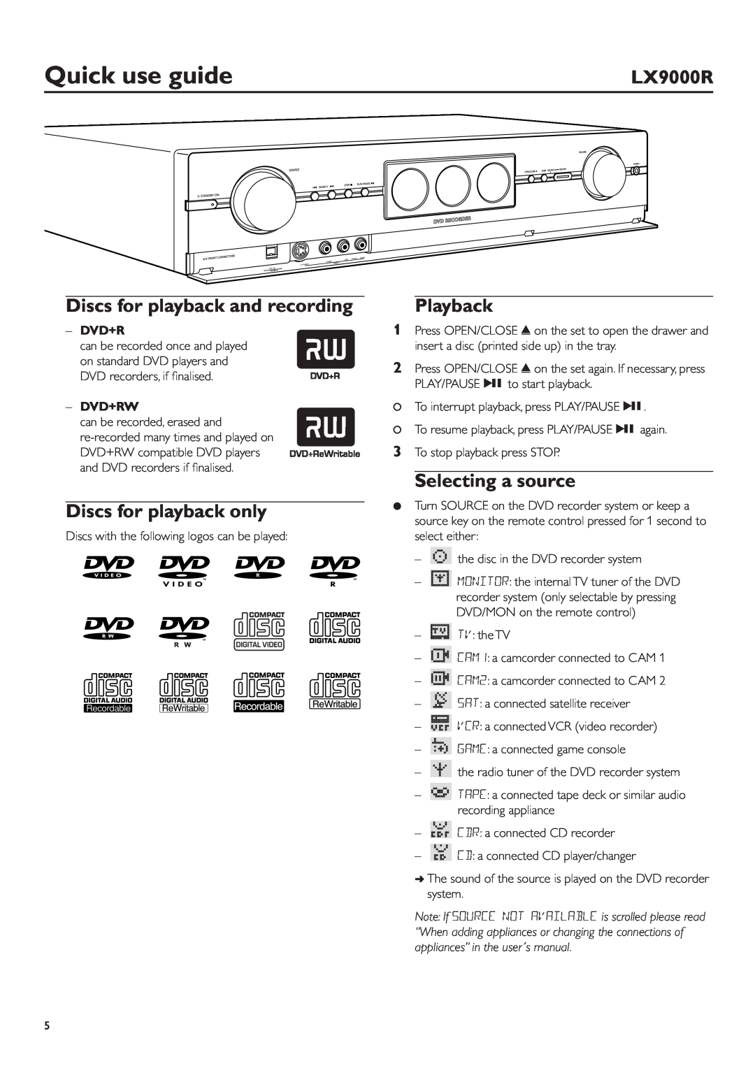 Philips LX9000R/25S user manual Discs for playback and recording, Discs for playback only, Playback, Selecting a source 
