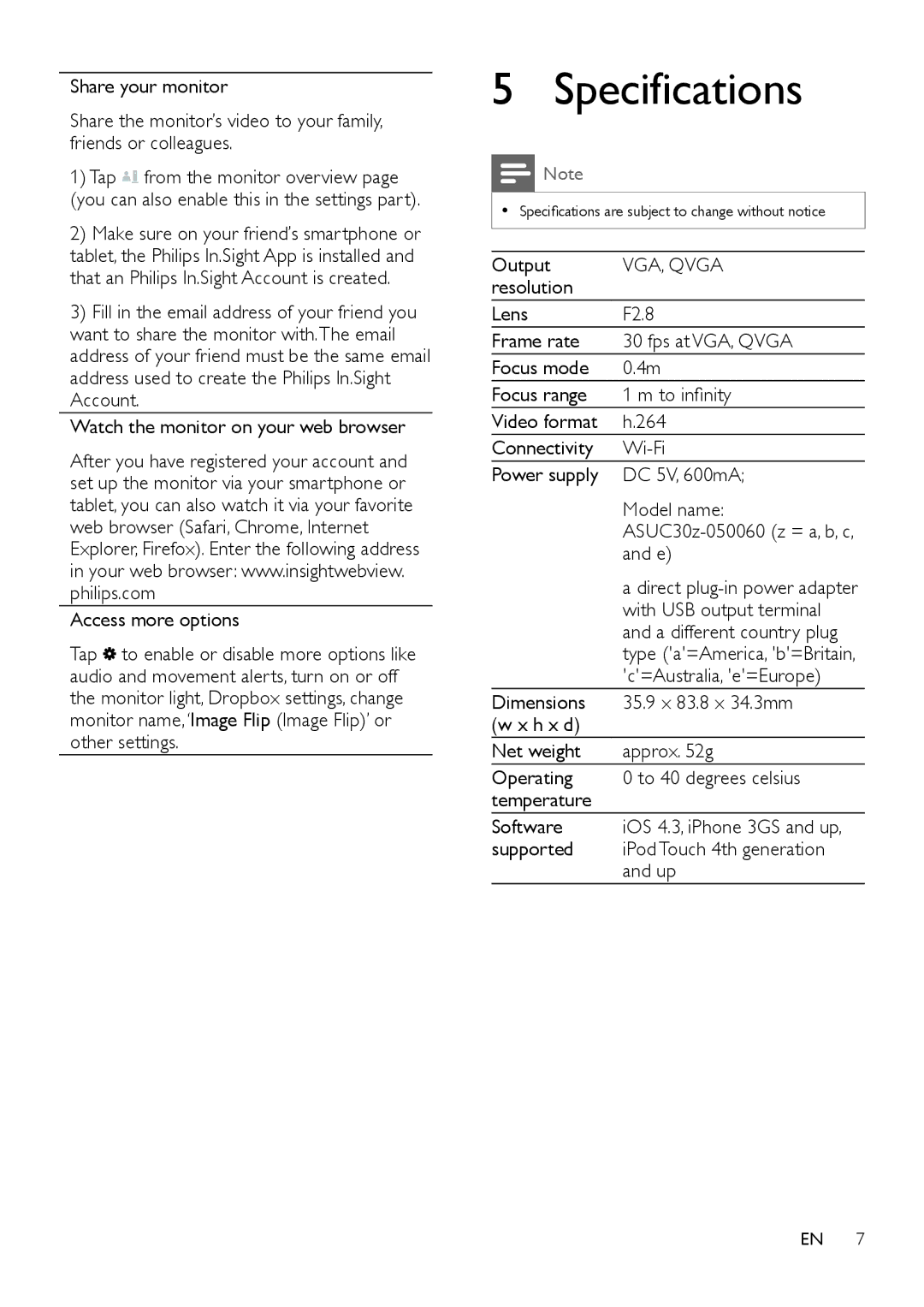 Philips M100 user manual Specifications, VGA, Qvga 