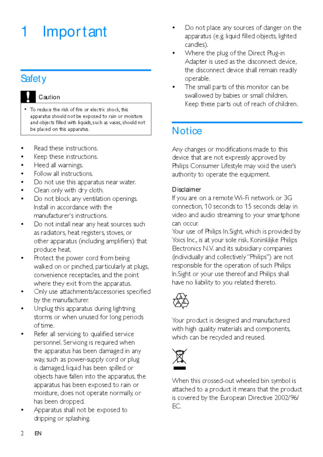 Philips M100 user manual Safety 