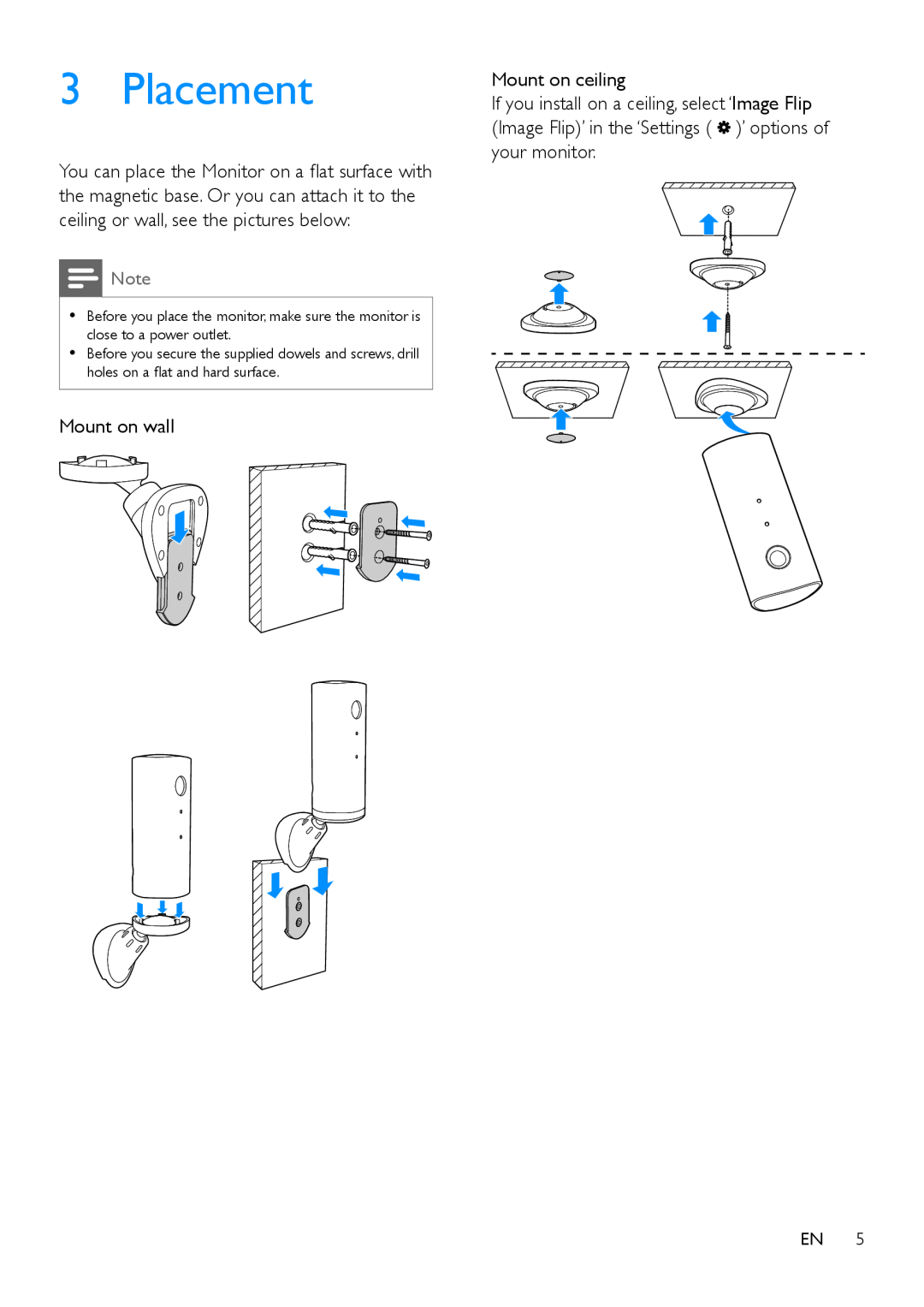 Philips M100 user manual Placement, Mount on wall, Mount on ceiling 