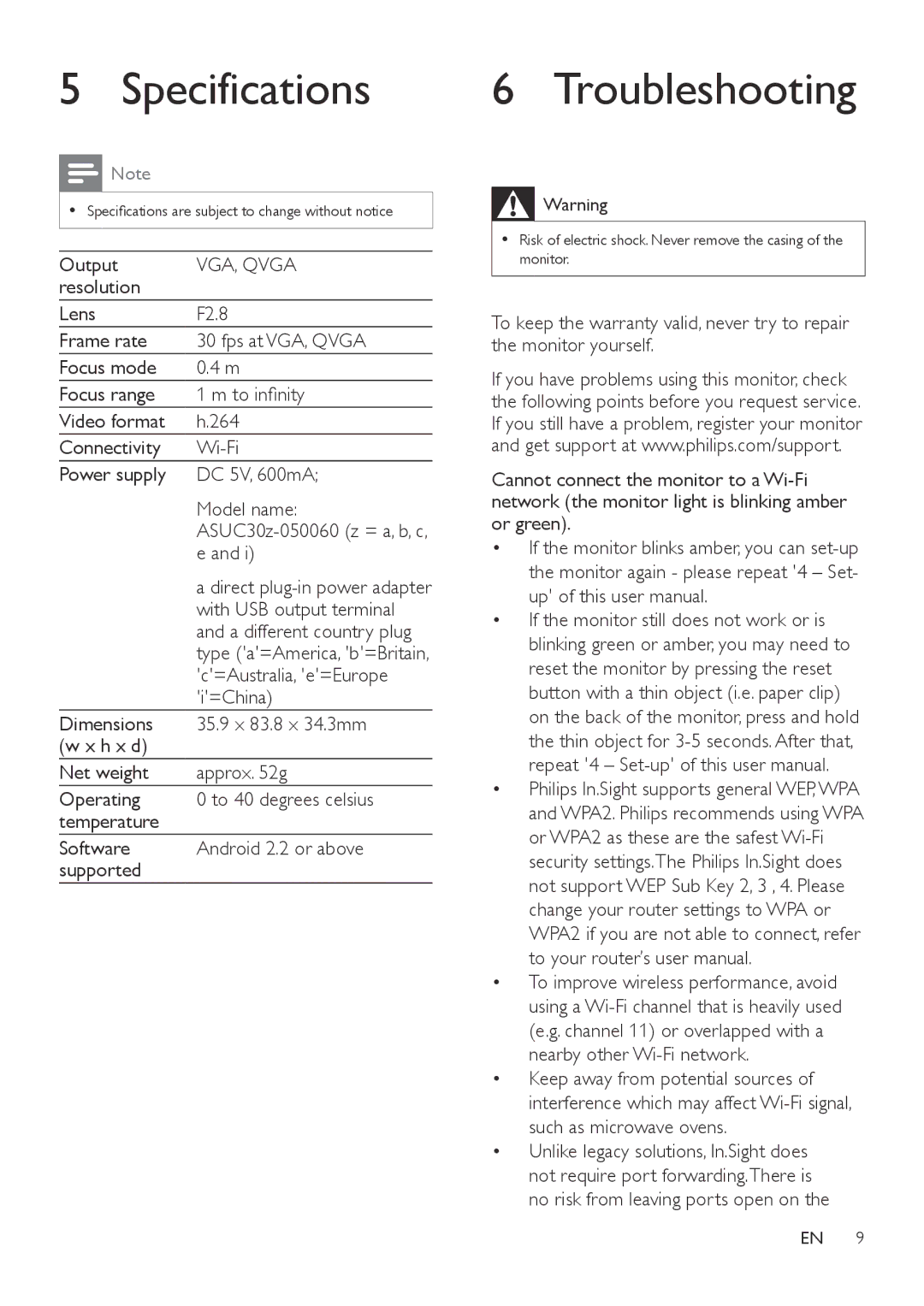 Philips M100A user manual Specifications, Troubleshooting 