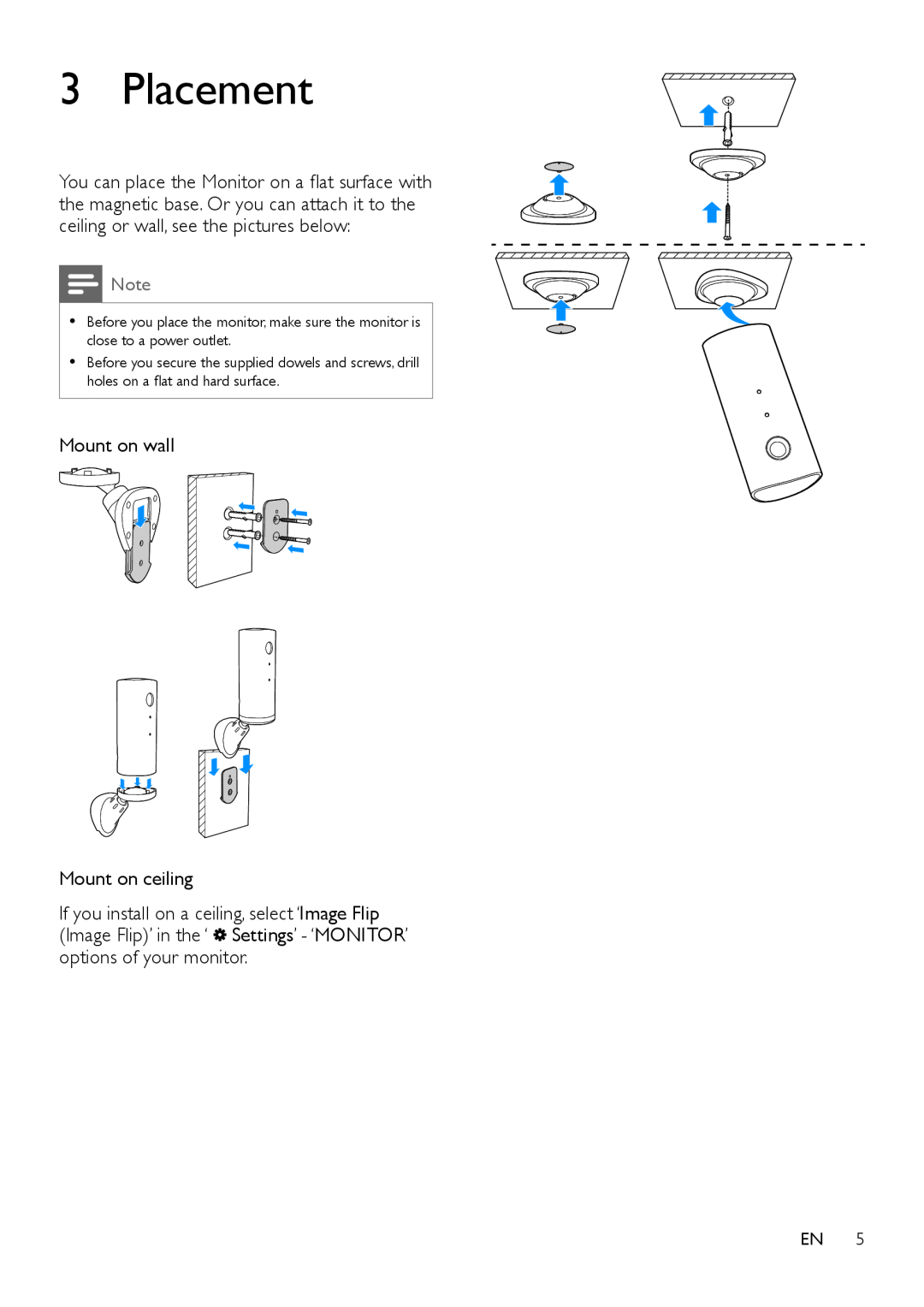 Philips M100A user manual Placement, Mount on wall Mount on ceiling, options of your monitor 