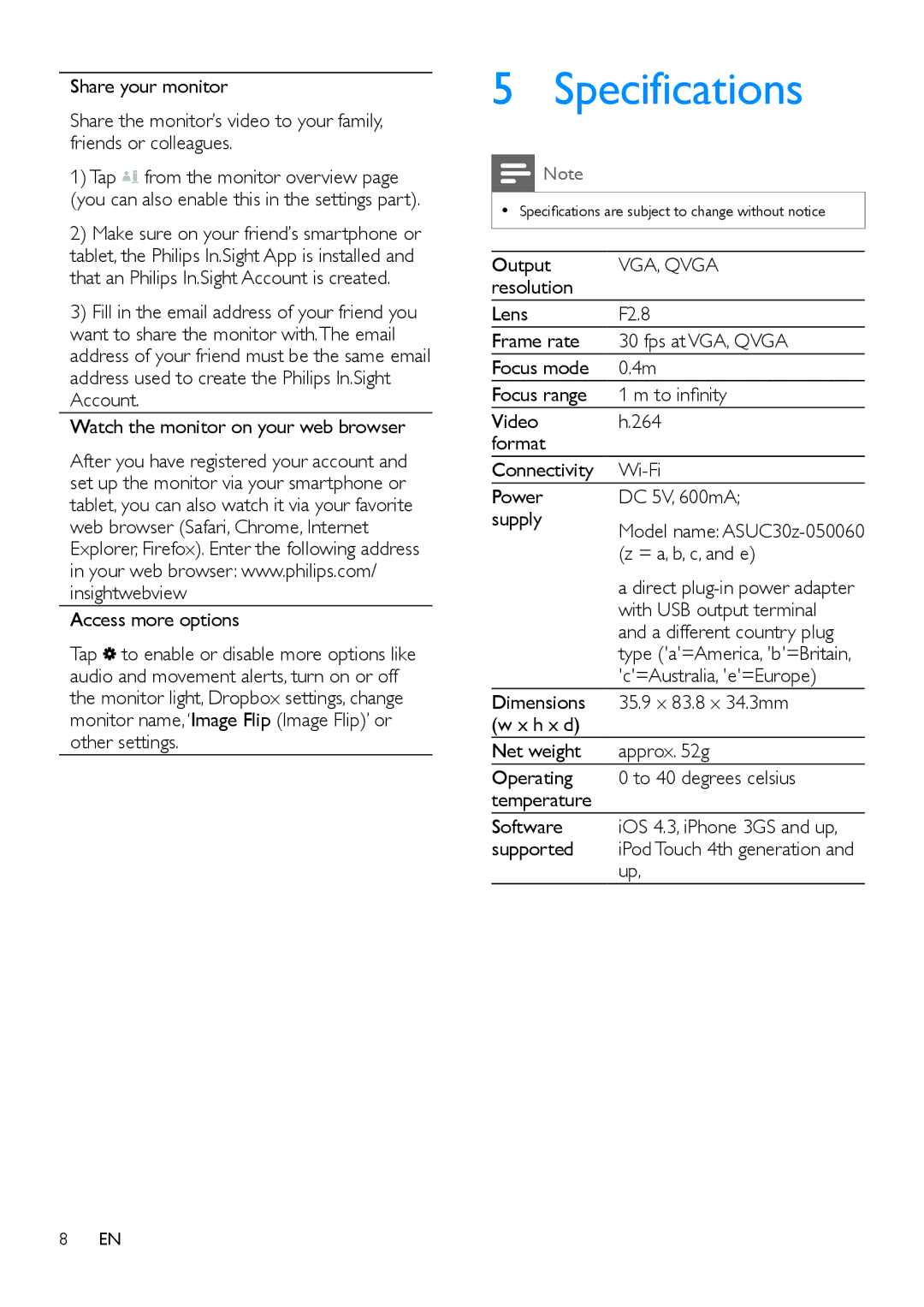 Philips M100D user manual Specifications, VGA, Qvga 