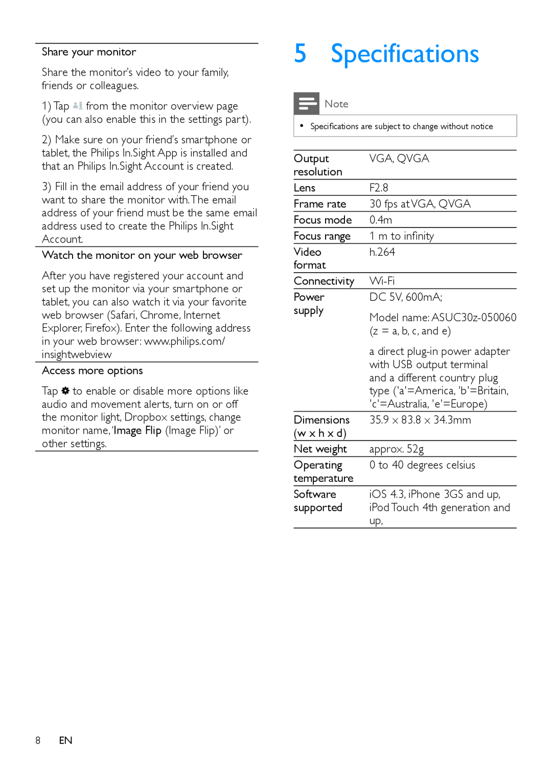 Philips M100D user manual Specifications 