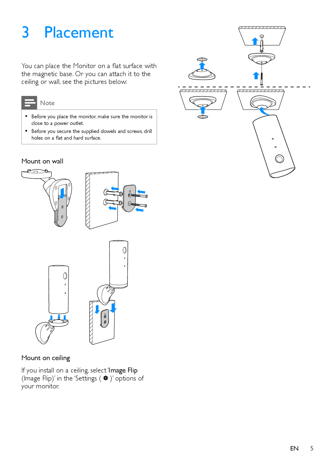 Philips M100D user manual Placement, Mount on wall Mount on ceiling 