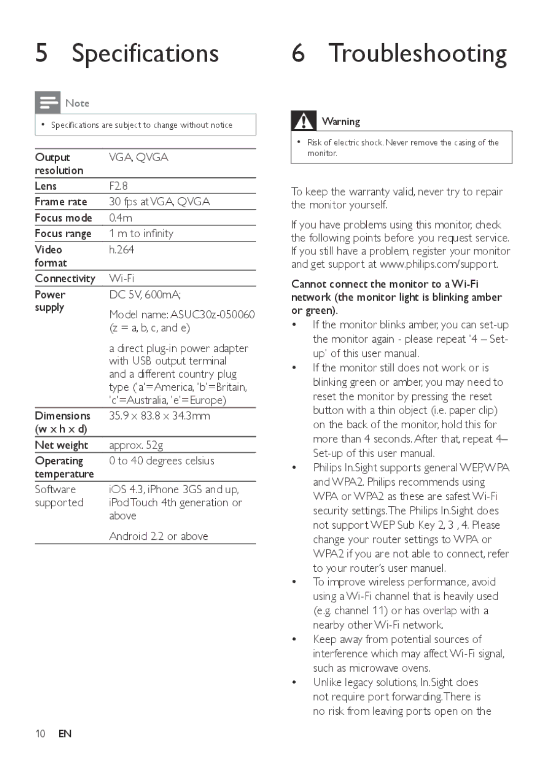 Philips M100E user manual Specifications, Troubleshooting 