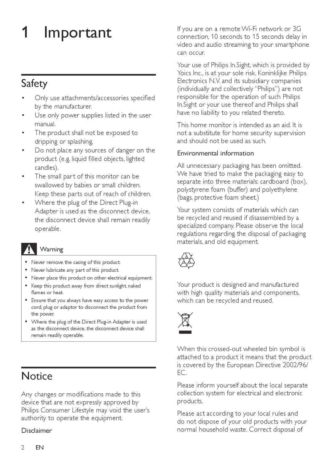 Philips M100E user manual Safety, Environmental information 