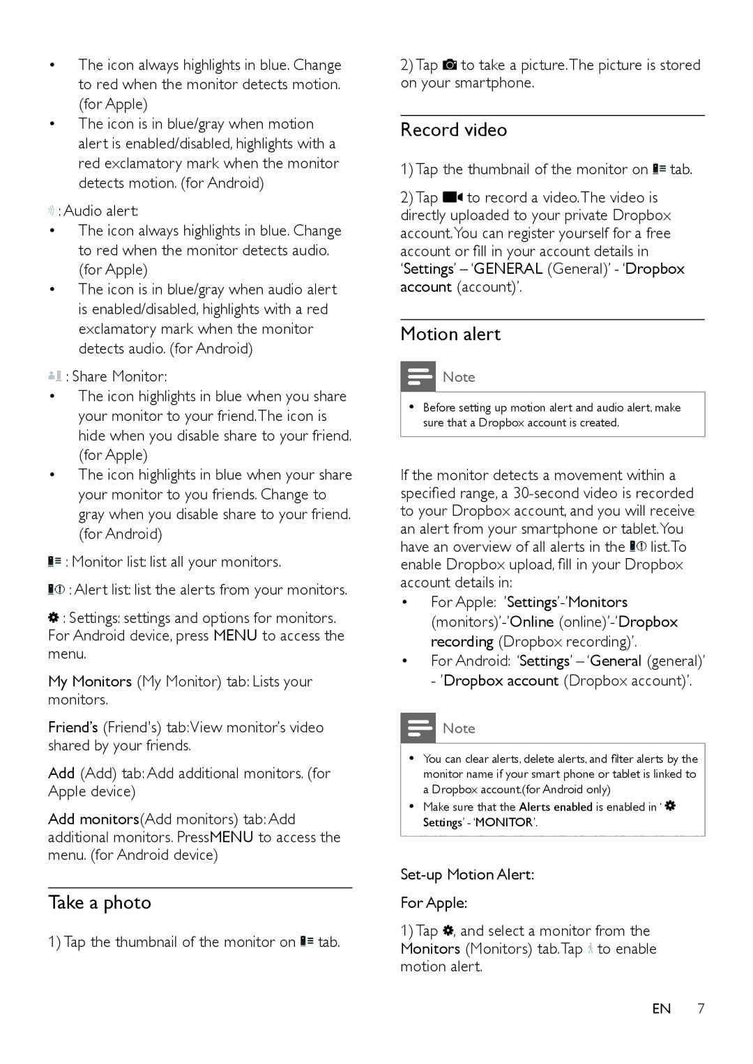 Philips M100E user manual Take a photo, Record video, Motion alert, Tap the thumbnail of the monitor on tab 