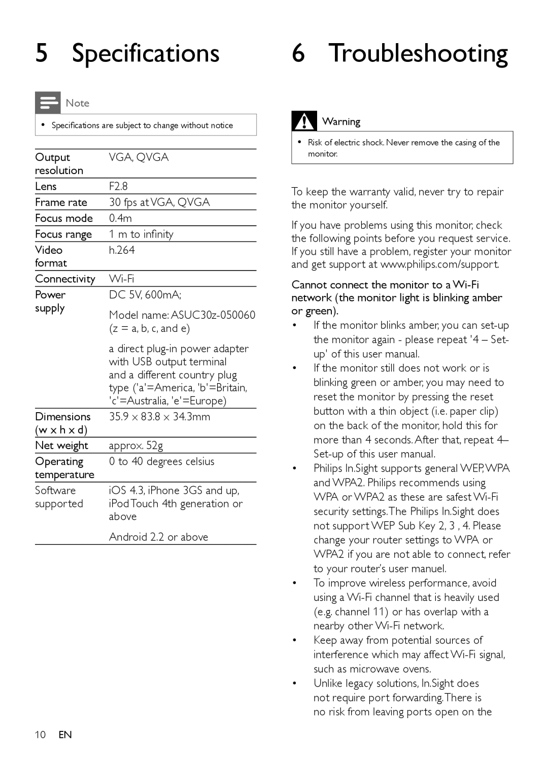 Philips M100E user manual Specifications, Troubleshooting 