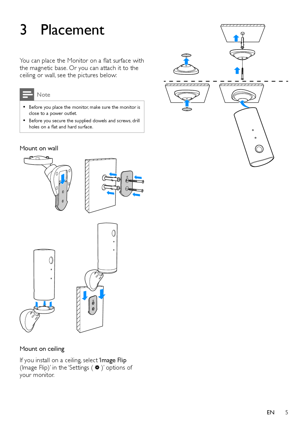 Philips M100E user manual Placement, Mount on wall Mount on ceiling 