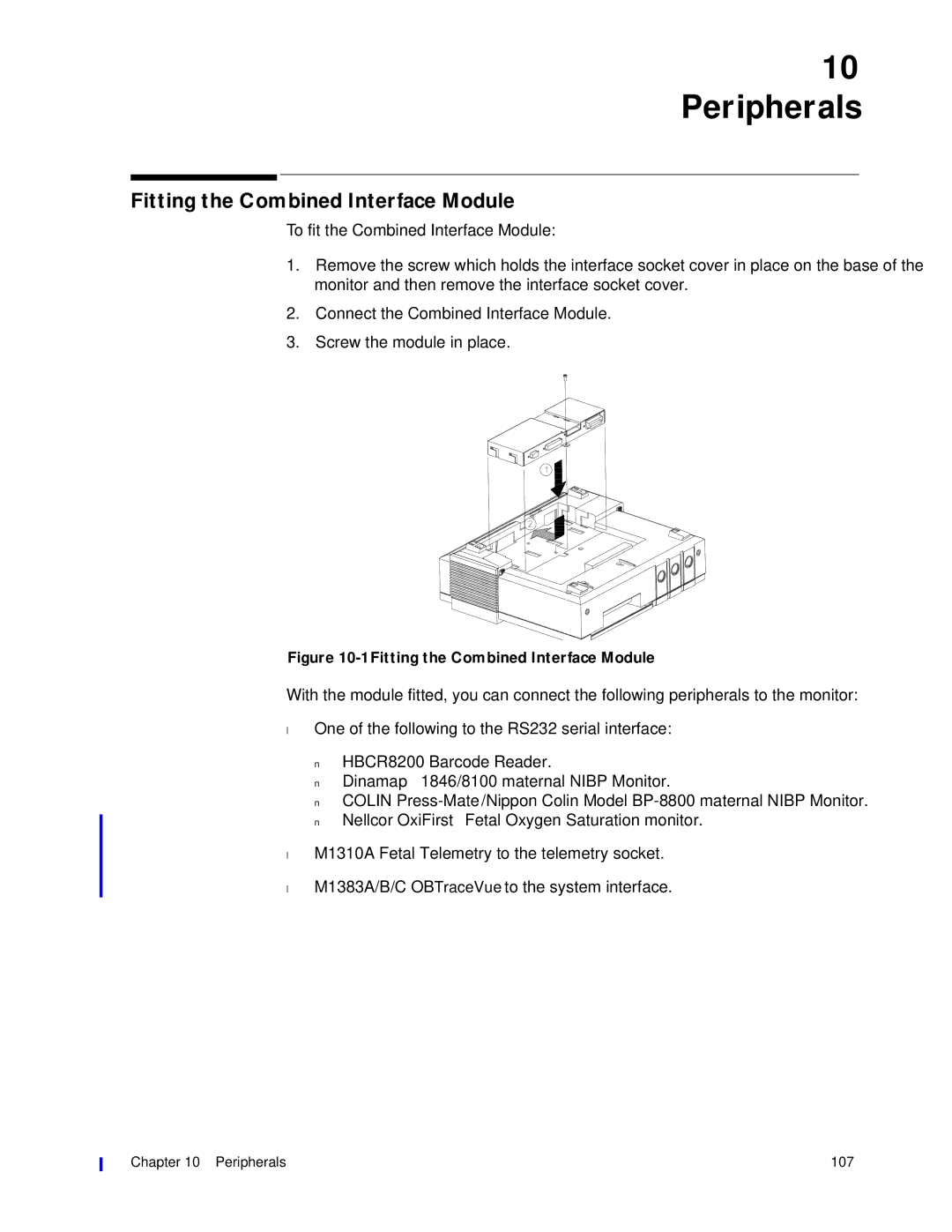 Philips M1351A, M1353A manual Peripherals, Fitting the Combined Interface Module 