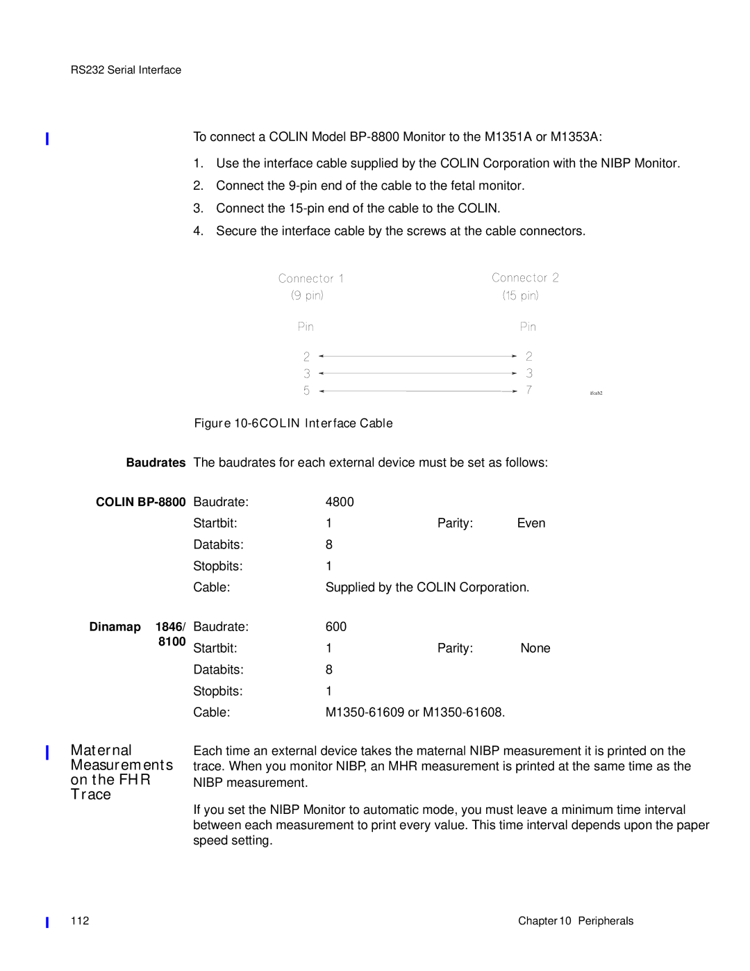 Philips M1353A, M1351A manual Maternal Measurements on the FHR Trace, Baudrate, Startbit Parity, Databits Stopbits Cable 