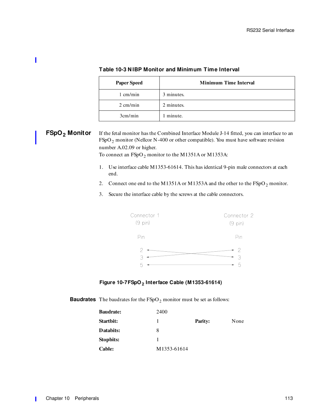 Philips M1351A Nibp Monitor and Minimum Time Interval, Paper Speed Minimum Time Interval, Baudrate2400 Startbit Parity 