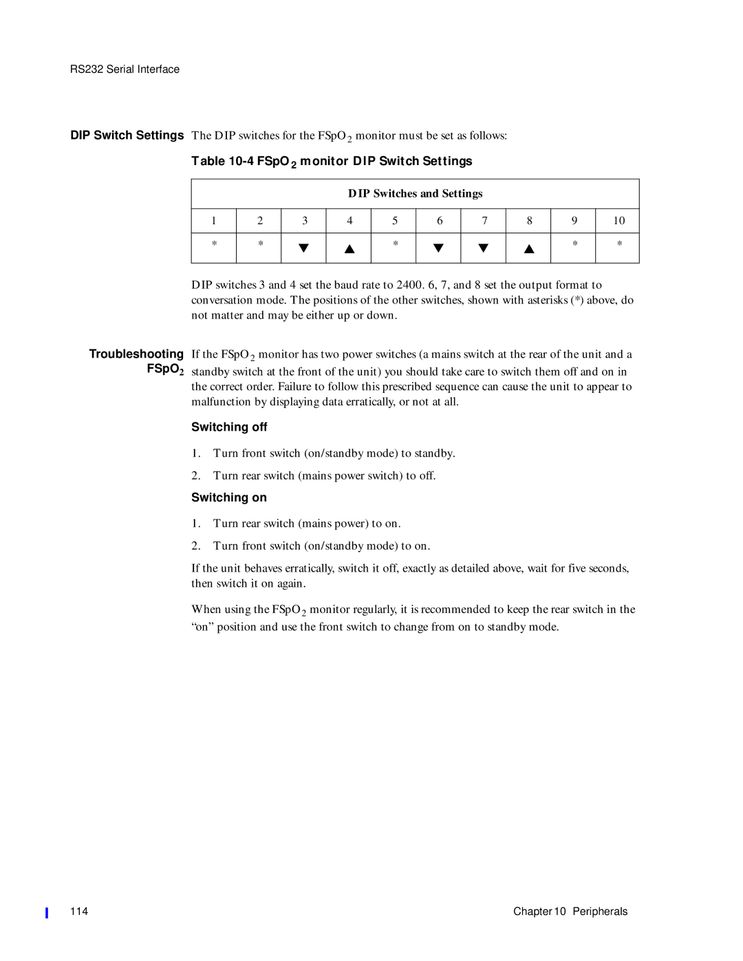 Philips M1353A, M1351A manual FSpO2 monitor DIP Switch Settings, DIP Switches and Settings 