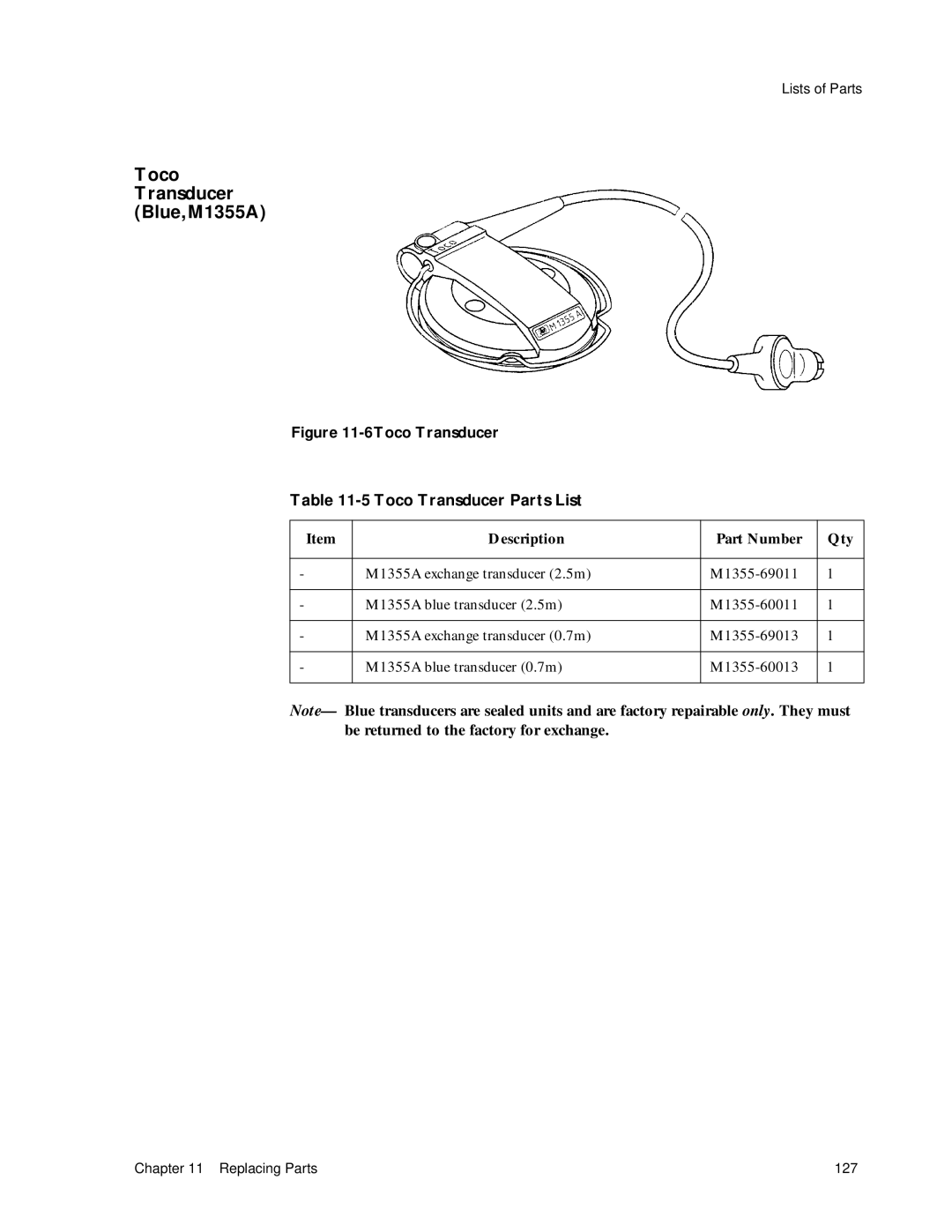 Philips M1351A, M1353A manual Toco Transducer Blue,M1355A, Toco Transducer Parts List 